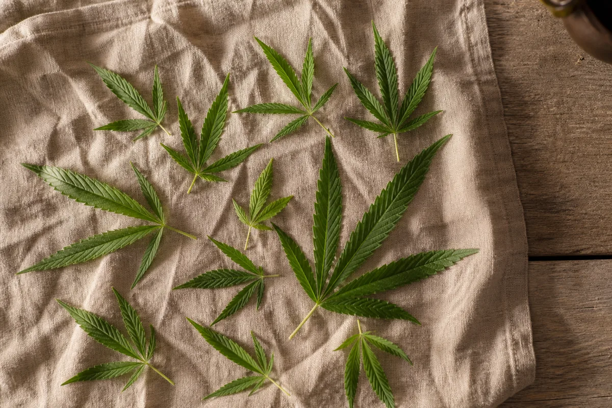 Feuilles de chanvre fraîches étalées sur un linge de lin froissé dans une lumière douce d’atelier
