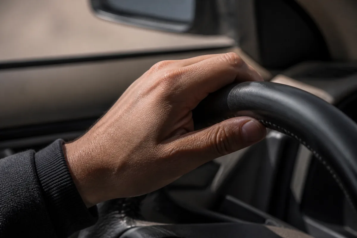 Volant de voiture éclairé par la lumière du matin