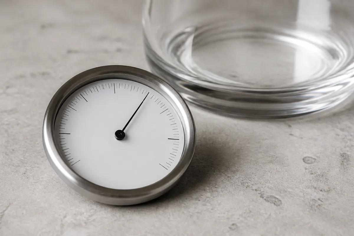 Hygromètre rond posé à côté d&rsquo;un bocal en verre sur un plan de travail clair