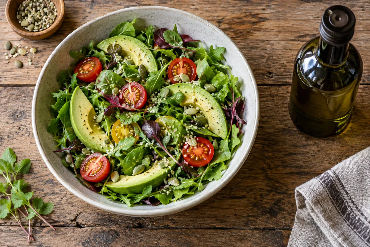 Salade de jeunes pousses, avocat et tomates cerises parsemée de graines de chanvre, bouteille d&rsquo;huile en verre sombre à côté
