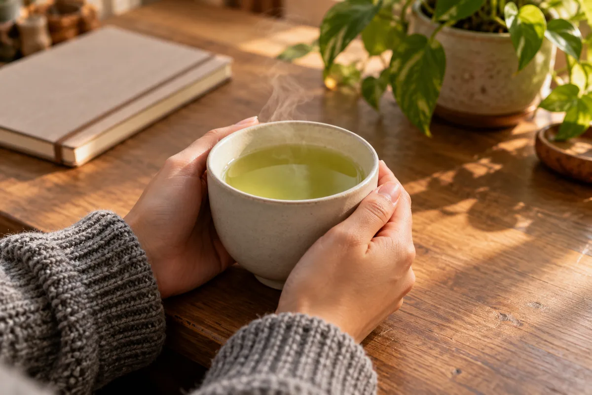Mains tenant une tasse de thé vert au-dessus d’un bureau en bois, lumière de fin d’après-midi