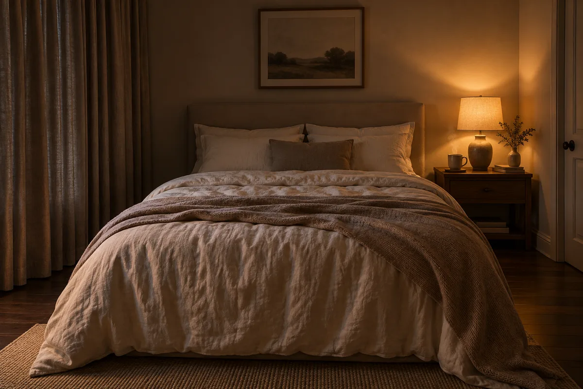 Chambre calme au crépuscule, draps en lin clair et tasse fumante sur la table de nuit