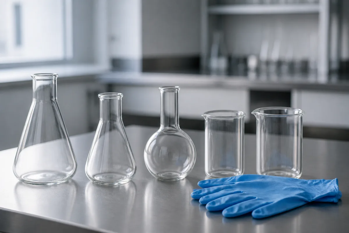Paillasse de laboratoire avec fioles en verre transparentes et gants nitrile bleus sous lumière neutre