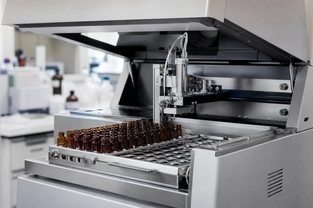 Chromatographe de laboratoire en fonctionnement, flacons d’injection alignés sur le passeur d’échantillons