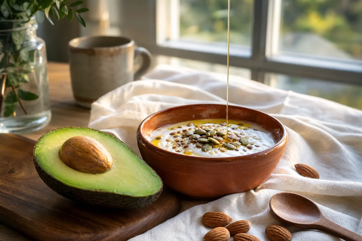 Petit-déjeuner près d&rsquo;une fenêtre au lever du jour, avocat coupé et bol en céramique sur une table en bois