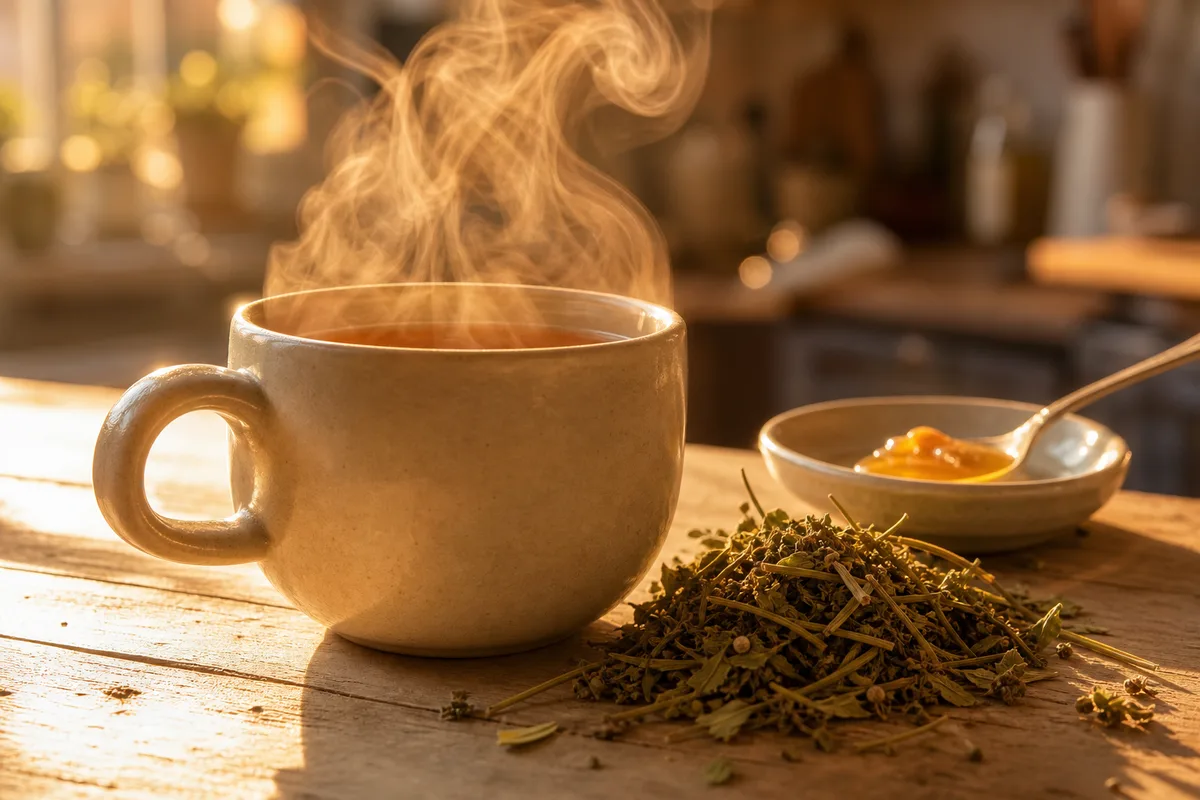 Tasse fumante et brins de chanvre séché sur un plan de travail en bois, lumière rasante de fin de journée
