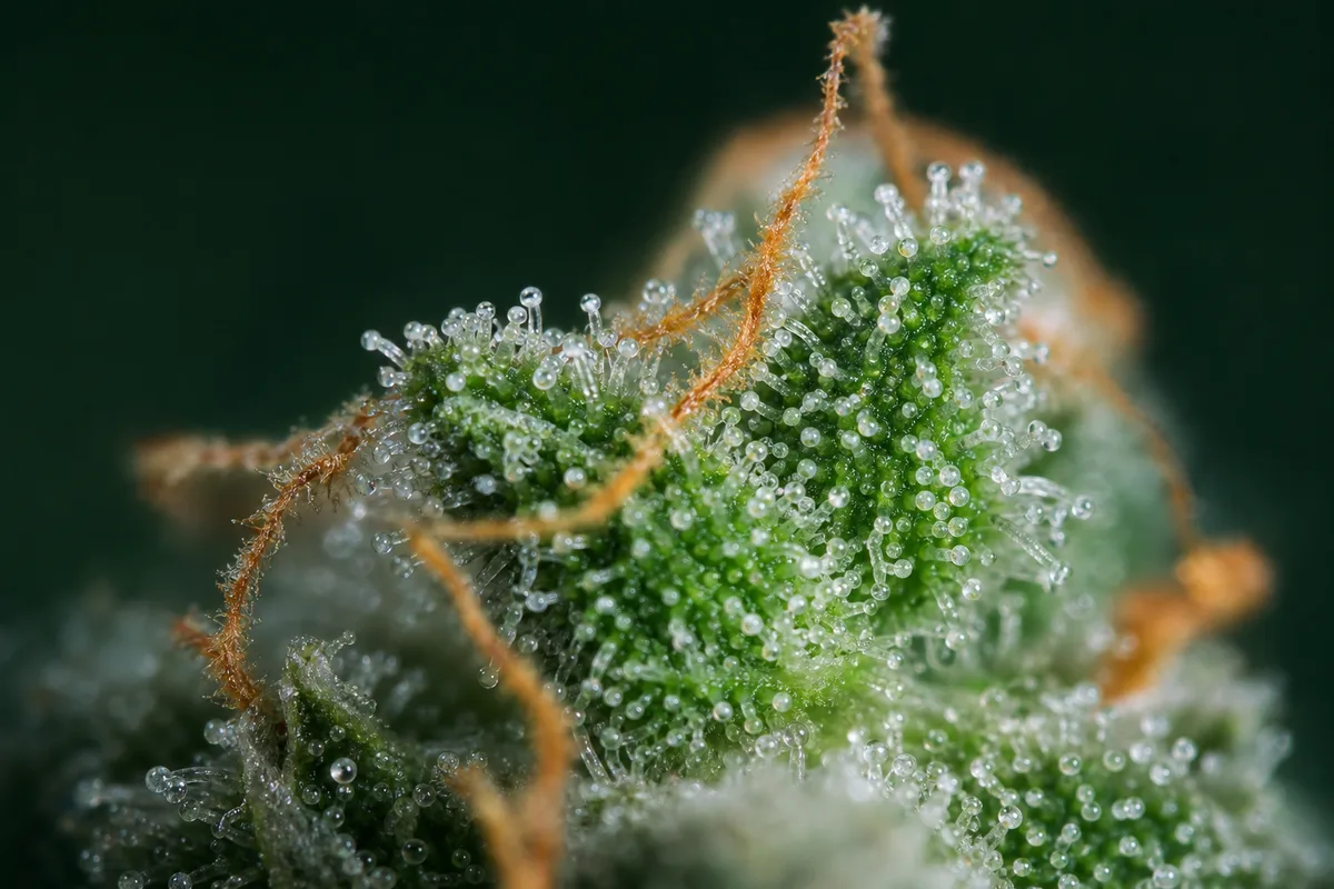 Trichomes résineux à la surface d’une fleur de chanvre en macro