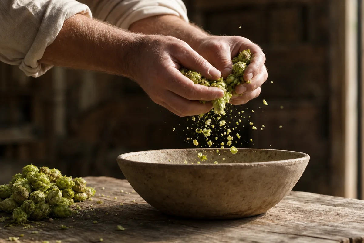 Cônes de houblon frais froissés au-dessus d’un bol en céramique, mains d’artisan