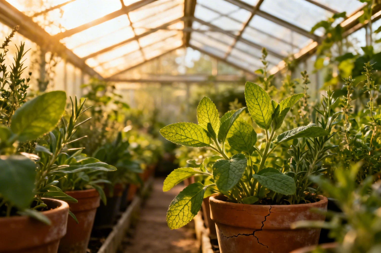 Serre botanique avec des plantes aromatiques et médicinales